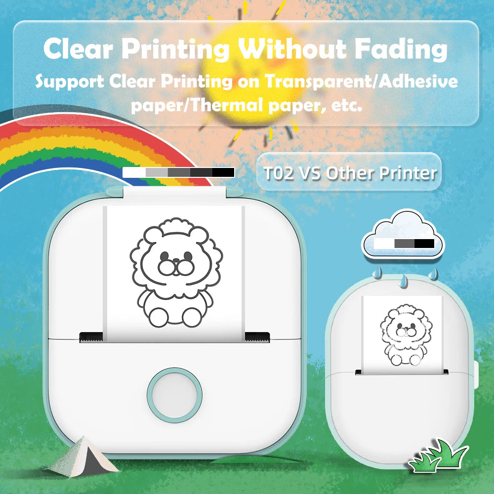 T02 Portable Mini Sticker Printer Self-adhesive Labels Inkless Sticker Printer for Journal, Notes, Photo, DIY